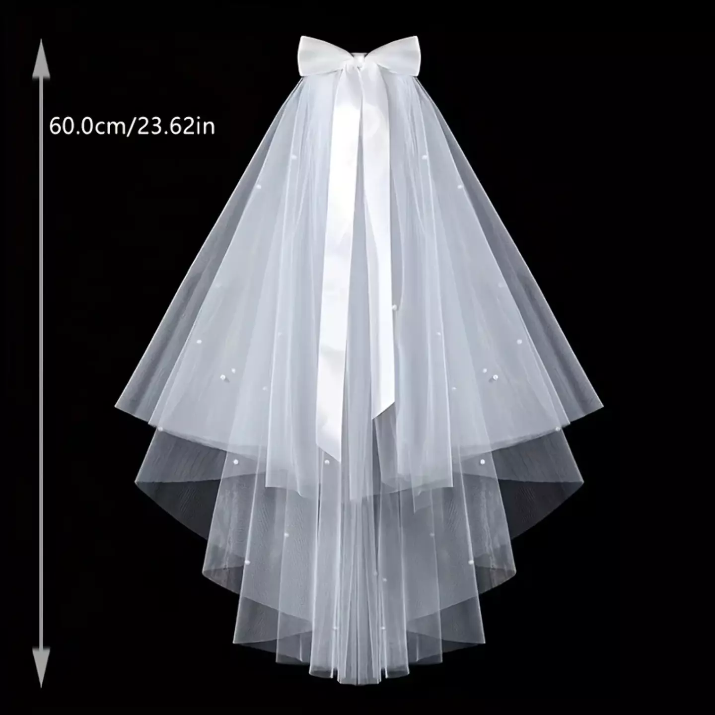 White Tulle Veil, 60cm with Satin Bow and Hair Comb 8987