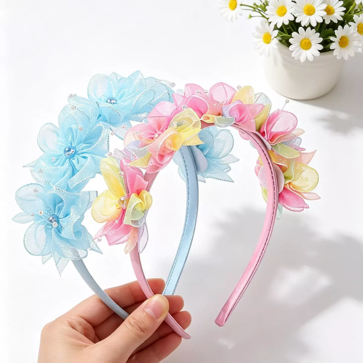 Pink and Yellow Chiffon Flower Headband for Girls 9035