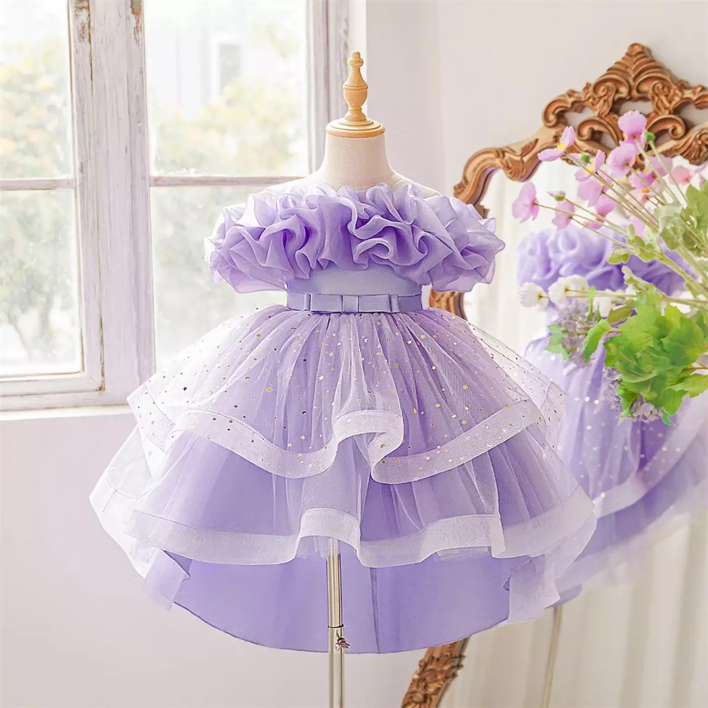 Sophie Lavender 3D Floral Tulle Party Dress with Sparkle Tiered Skirt