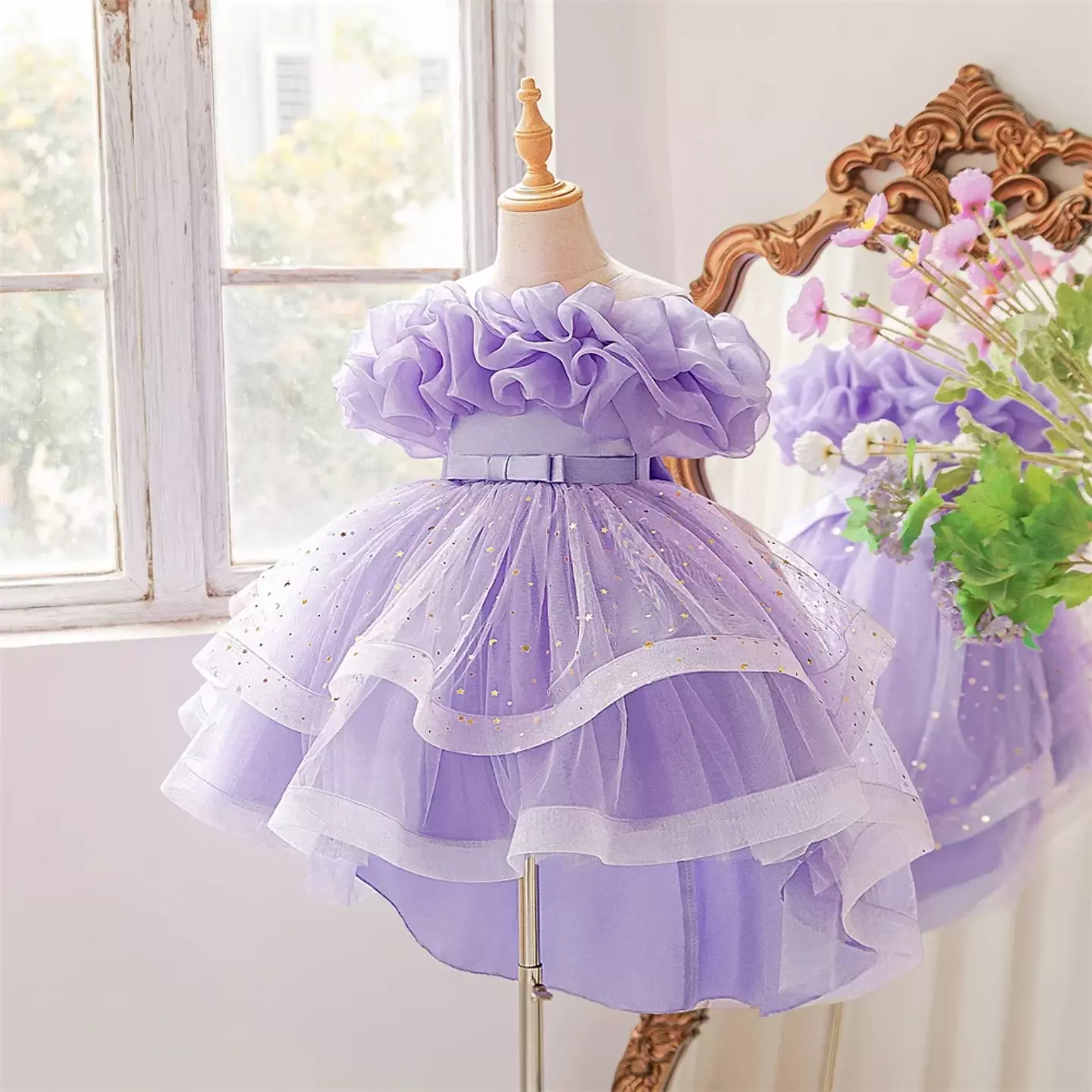Sophie Lavender 3D Floral Tulle Party Dress with Sparkle Tiered Skirt