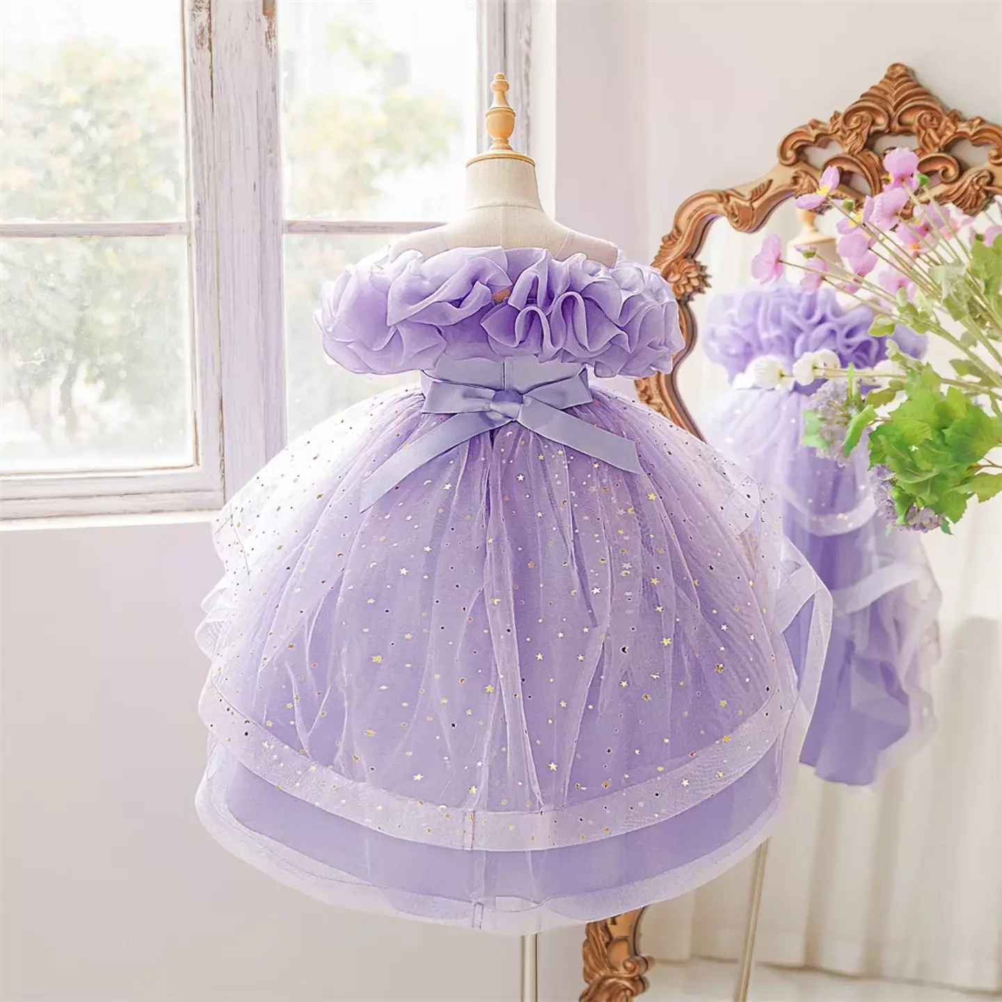Sophie Lavender 3D Floral Tulle Party Dress with Sparkle Tiered Skirt