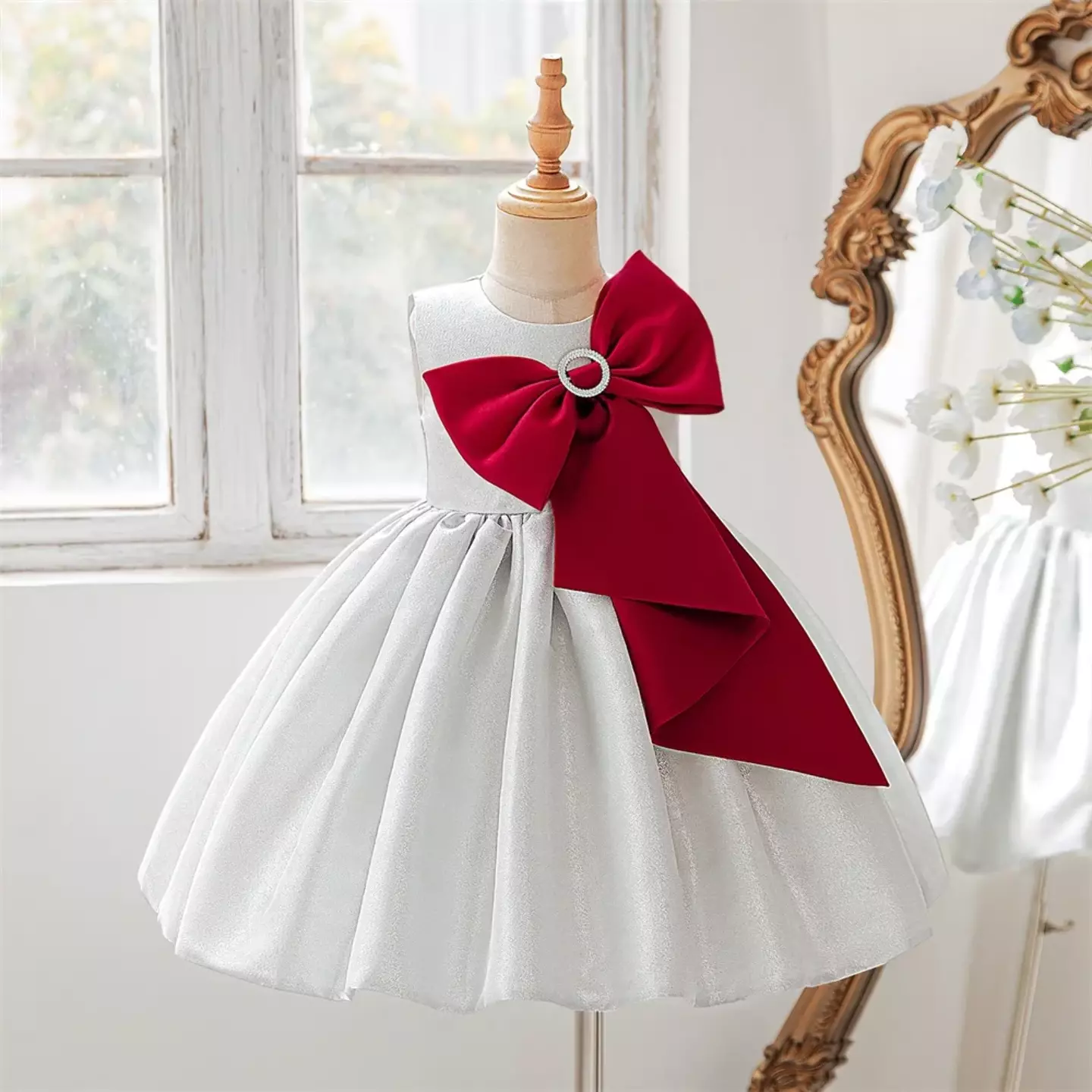 Vixi White Satin Party Dress with Oversized Maroon Bow and Pearl Brooch