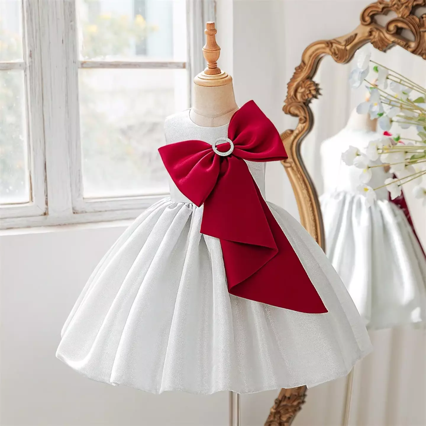 Vixi White Satin Party Dress with Oversized Maroon Bow and Pearl Brooch