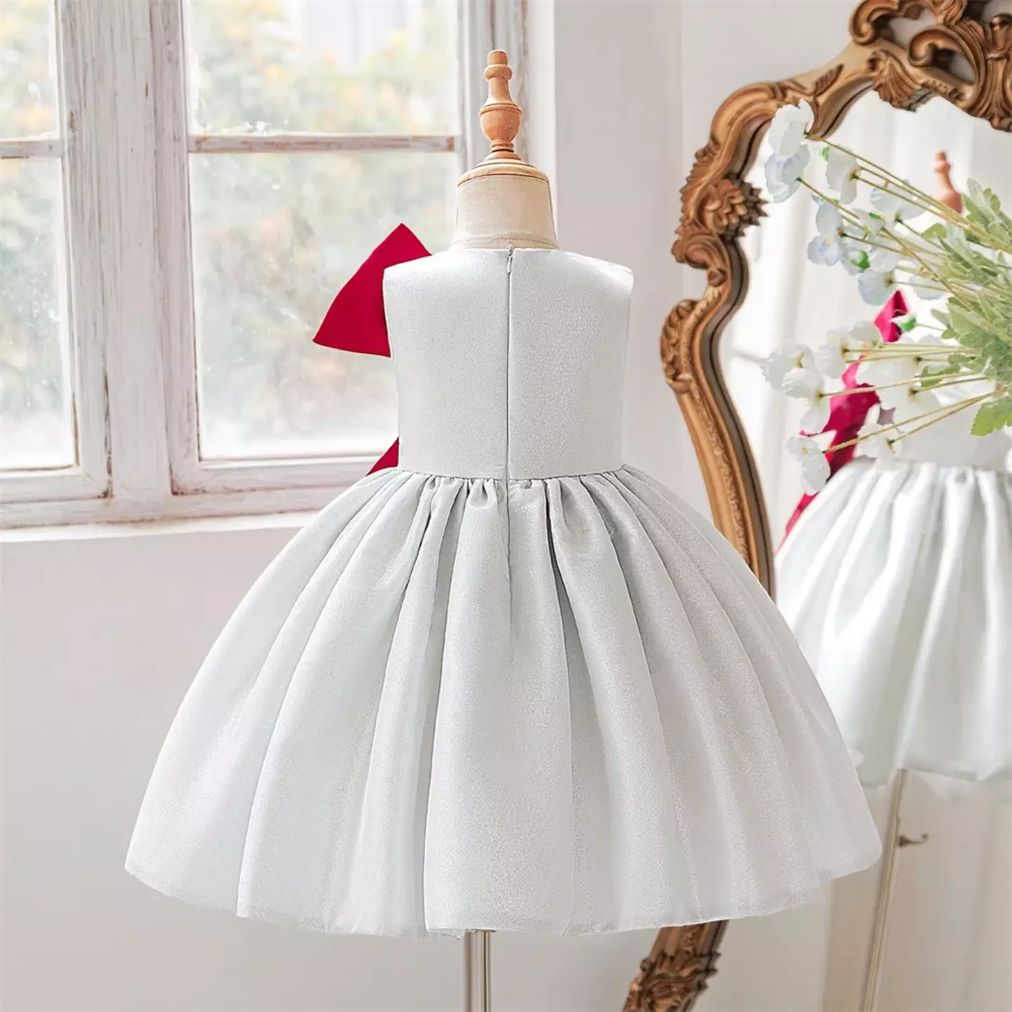 Vixi White Satin Party Dress with Oversized Maroon Bow and Pearl Brooch