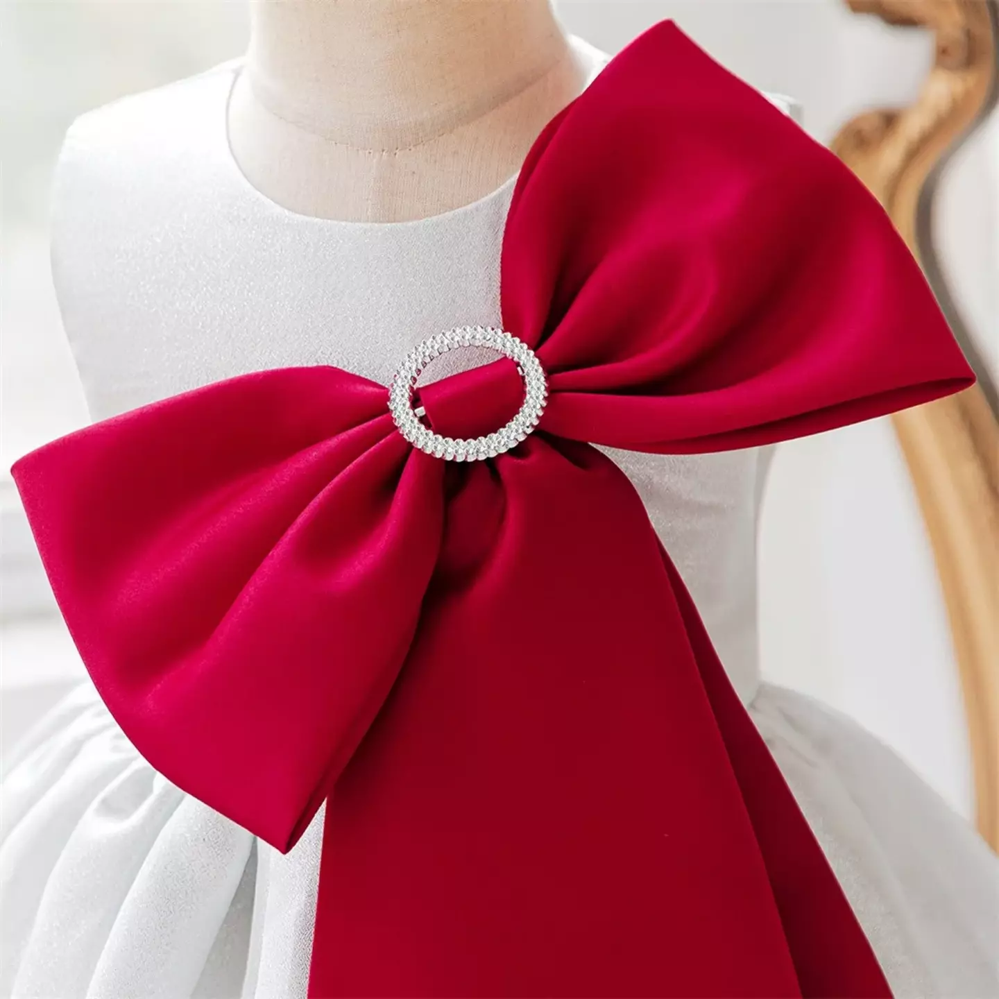 Vixi White Satin Party Dress with Oversized Maroon Bow and Pearl Brooch