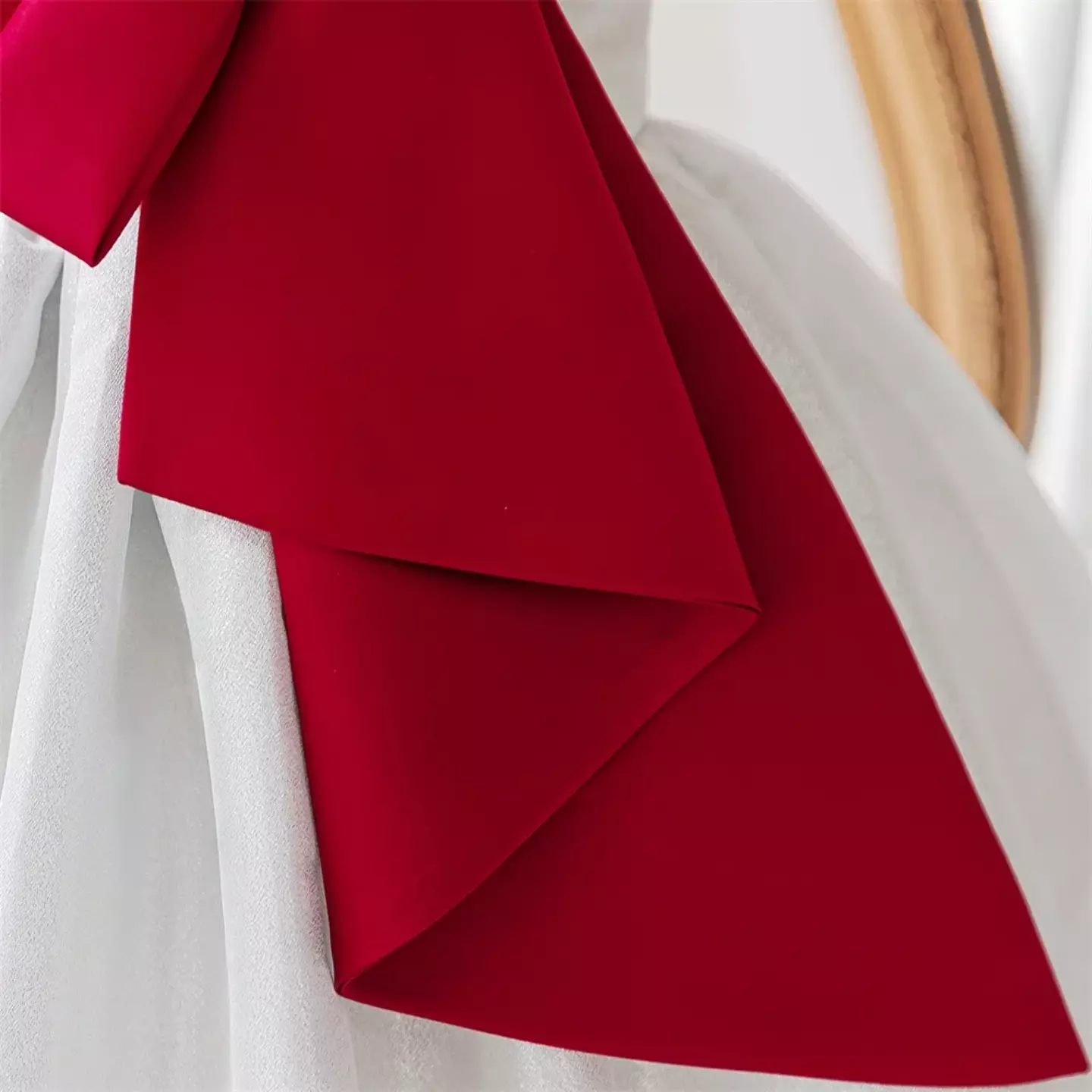 Vixi White Satin Party Dress with Oversized Maroon Bow and Pearl Brooch