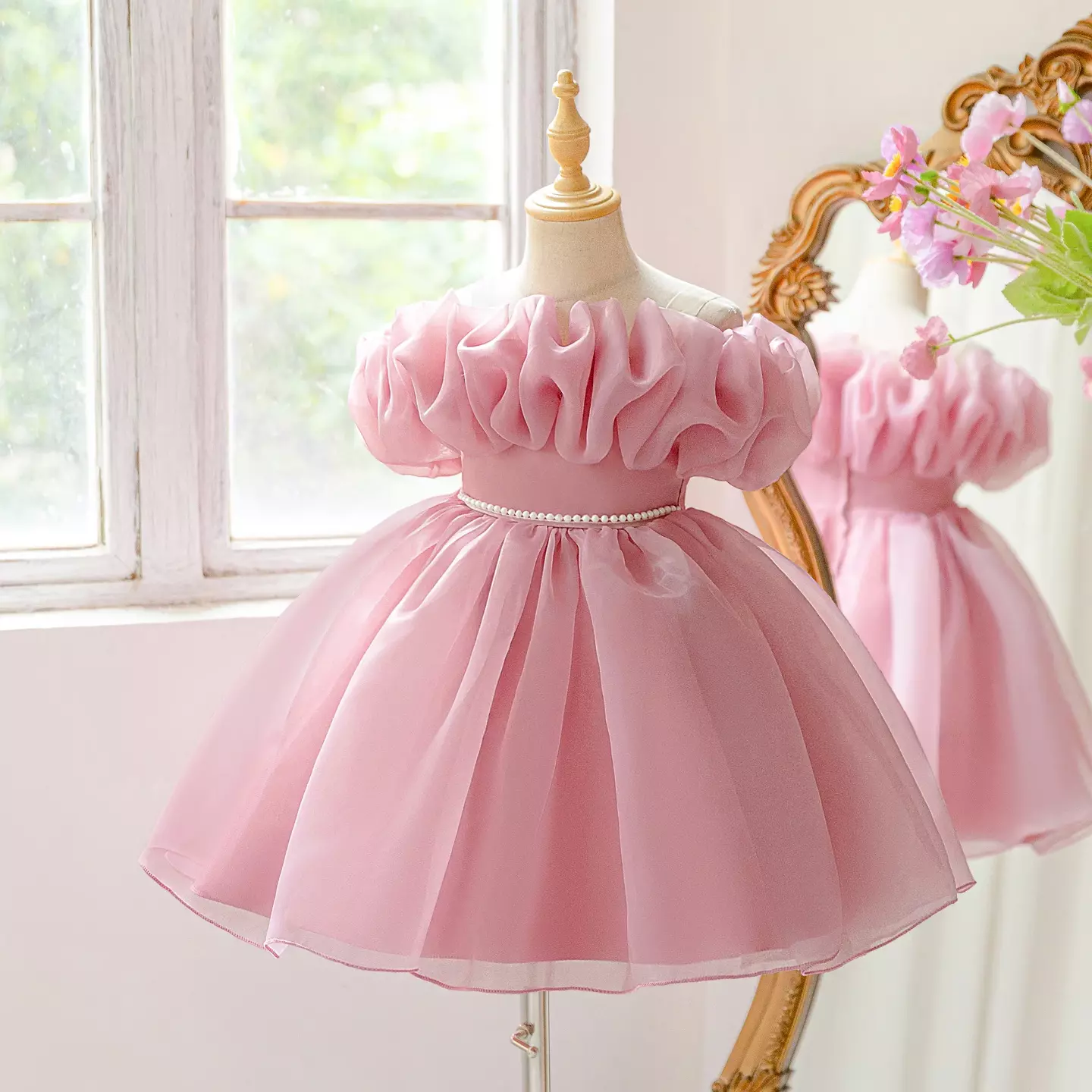 Sophie II Dusty Pink Ruffle Sleeve Party Dress with Tiered Tulle Skirt