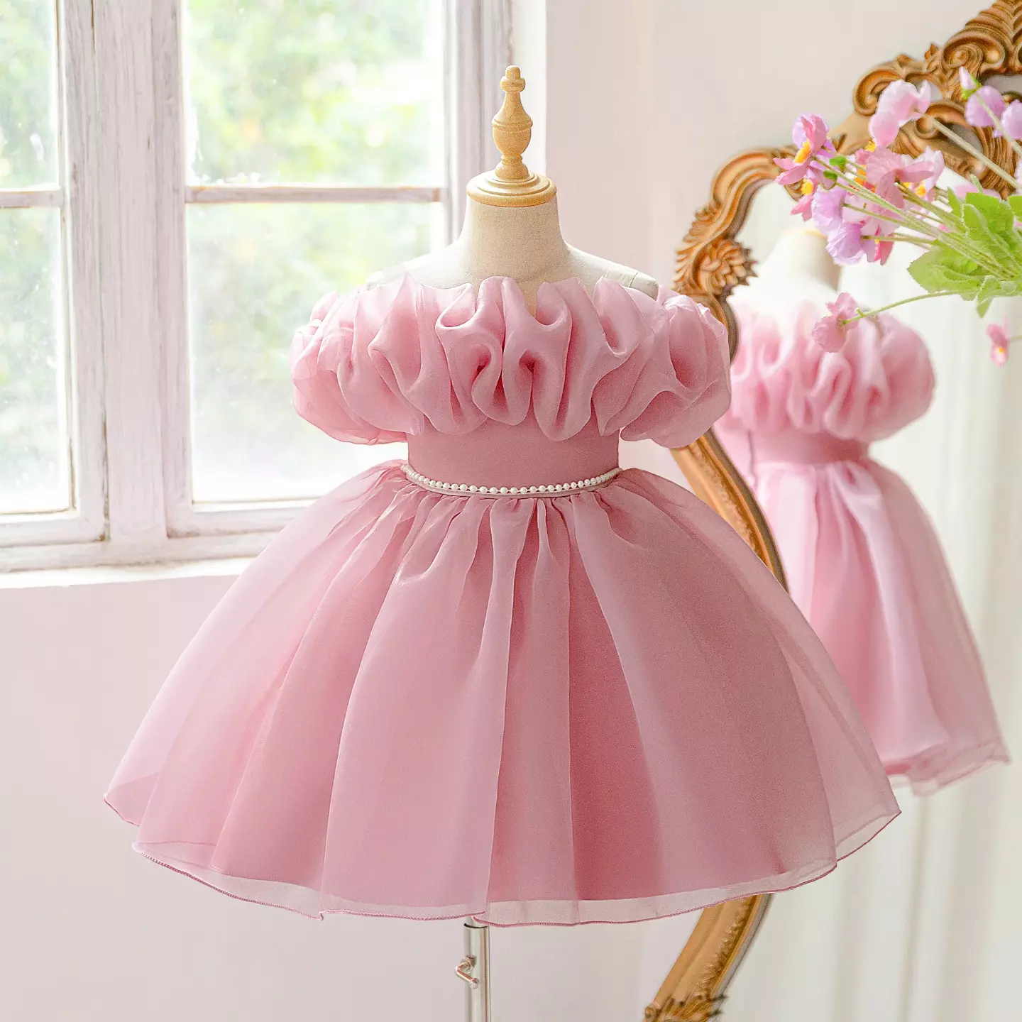 Sophie II Dusty Pink Ruffle Sleeve Party Dress with Tiered Tulle Skirt