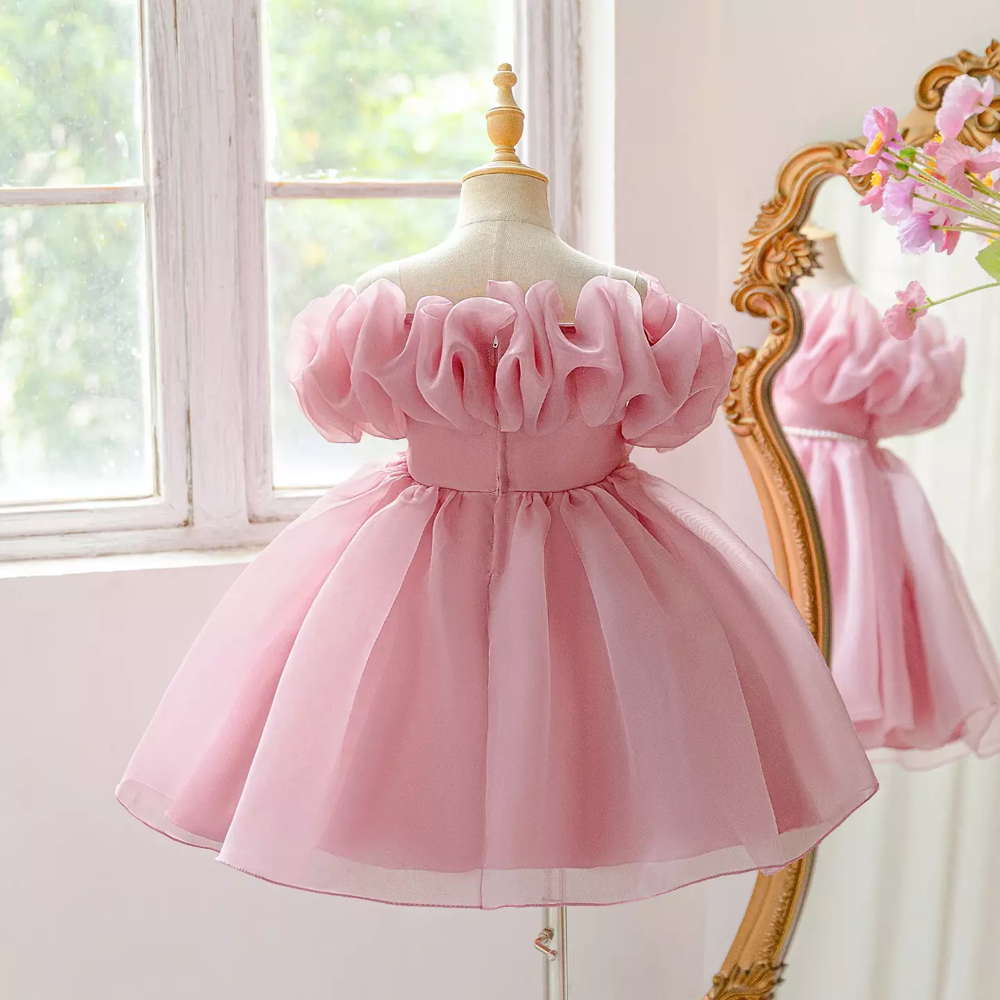 Sophie II Dusty Pink Ruffle Sleeve Party Dress with Tiered Tulle Skirt
