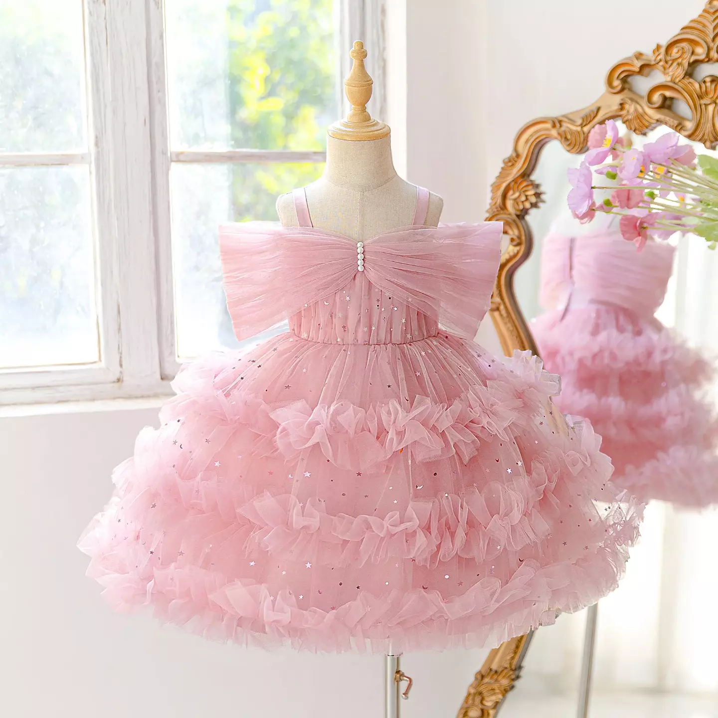Kaname Dusty Pink Off-Shoulder Ruffle Tiered Tulle Party Dress