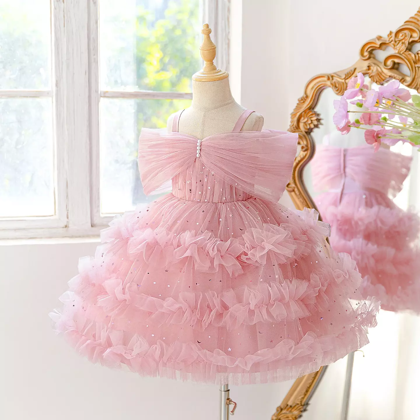 Kaname Dusty Pink Off-Shoulder Ruffle Tiered Tulle Party Dress