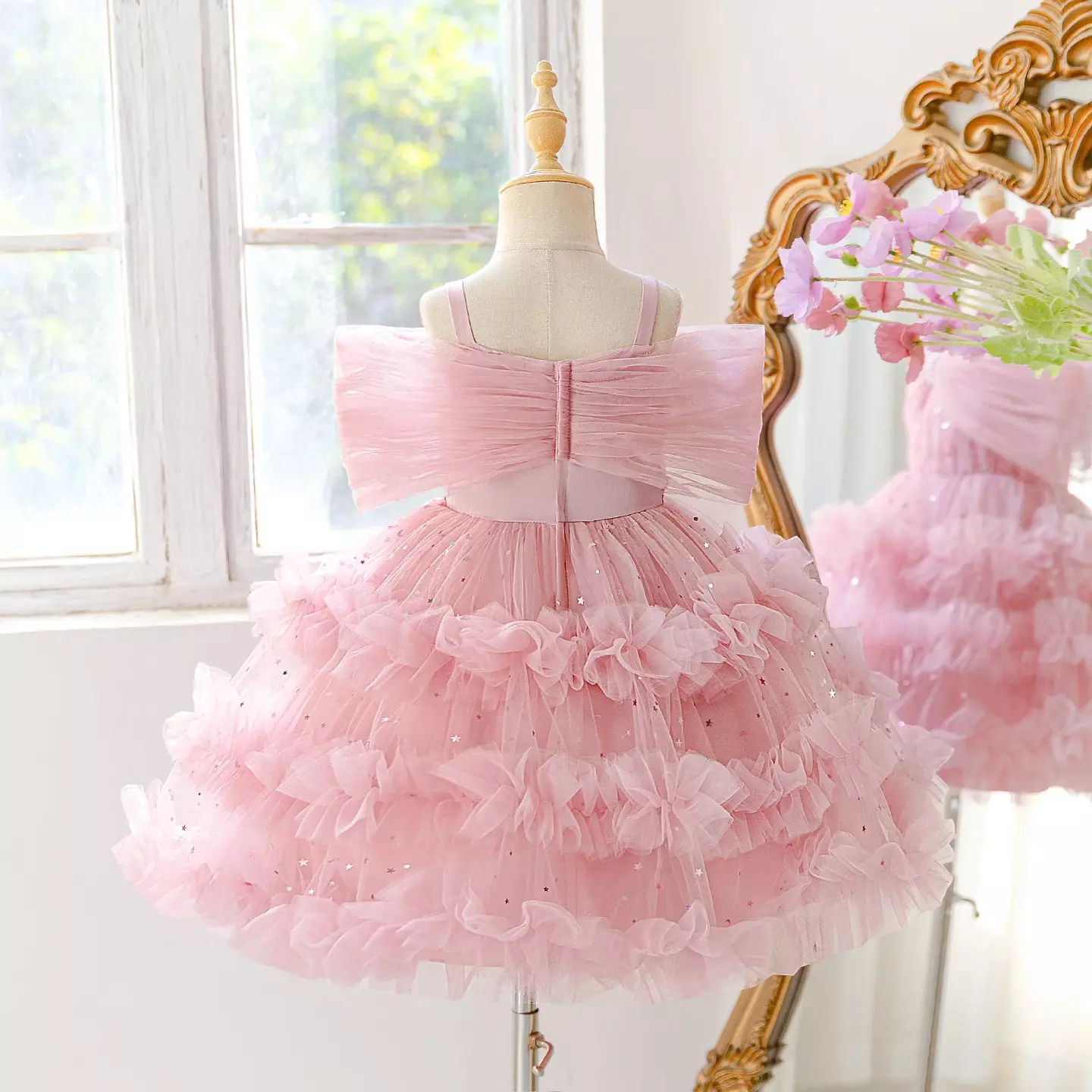 Kaname Dusty Pink Off-Shoulder Ruffle Tiered Tulle Party Dress