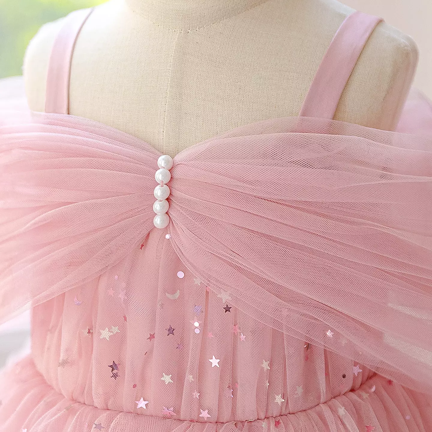 Kaname Dusty Pink Off-Shoulder Ruffle Tiered Tulle Party Dress