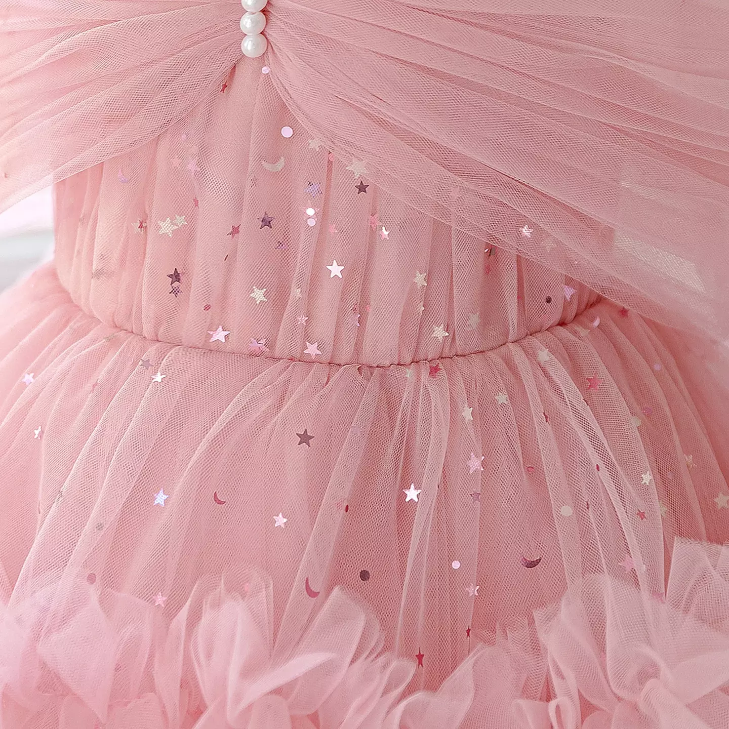 Kaname Dusty Pink Off-Shoulder Ruffle Tiered Tulle Party Dress