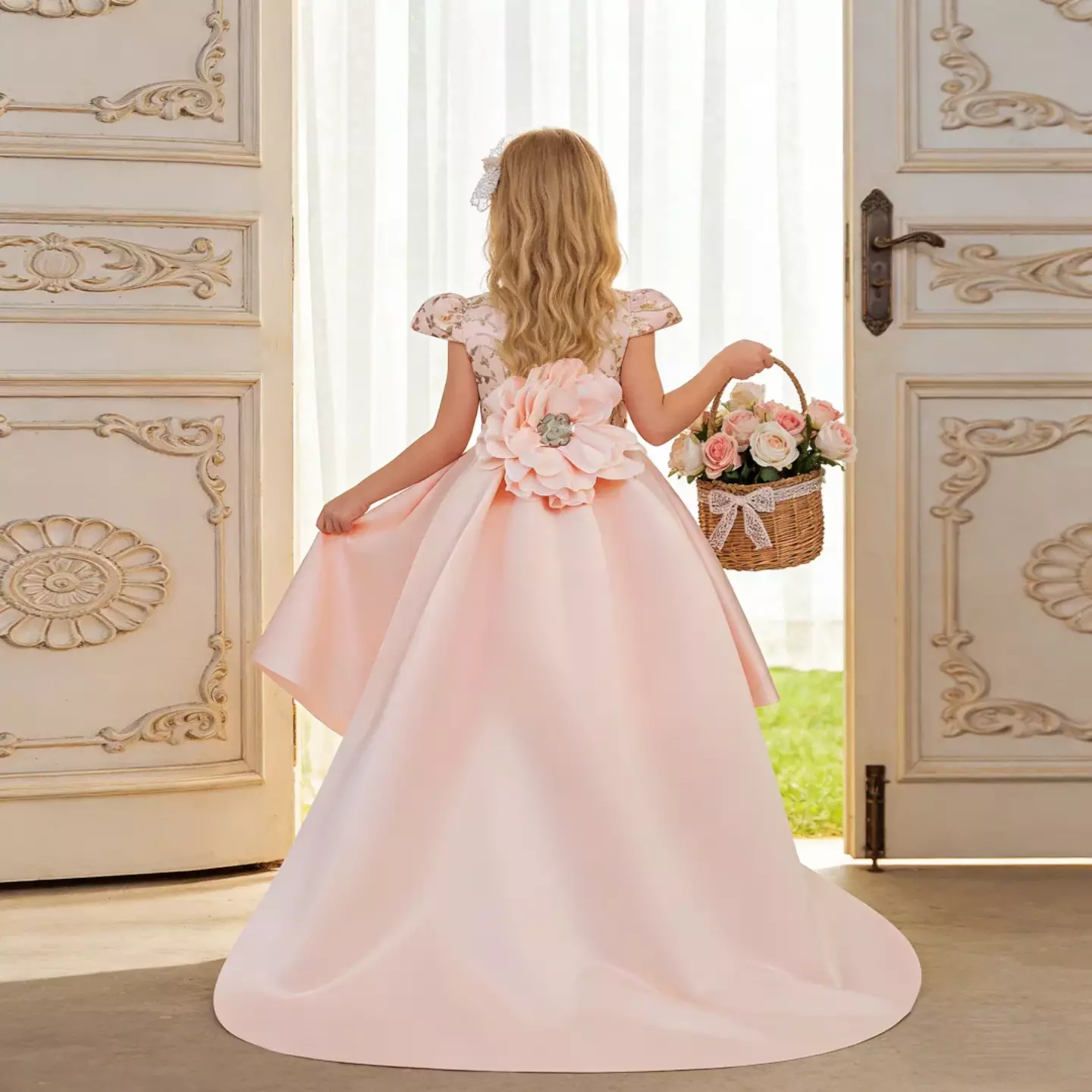 Adora Peach Pink Sequin Lace Flower Girl Dress with Long Train