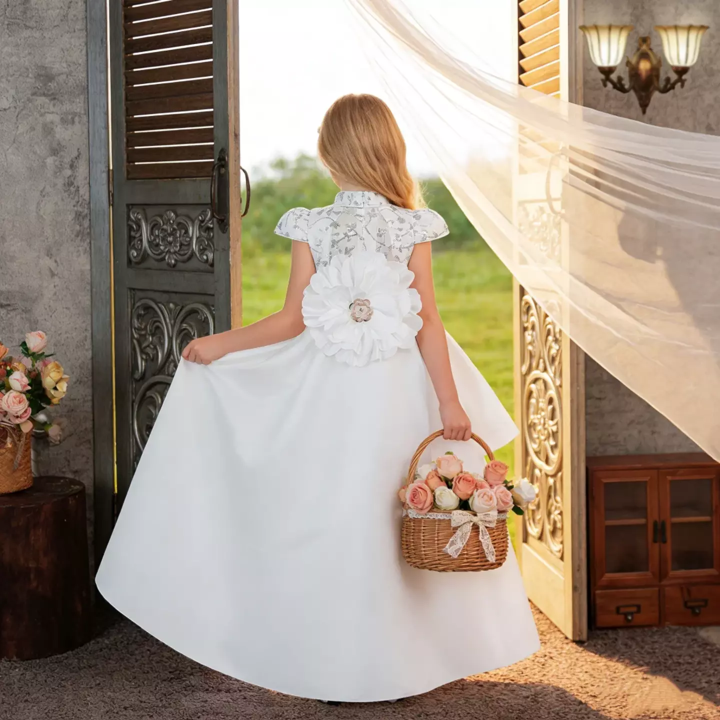 Adora White Sequin Lace Flower Girl Dress with Long Train