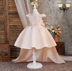 Adora Peach Pink Sequin Lace Flower Girl Dress with Long Train