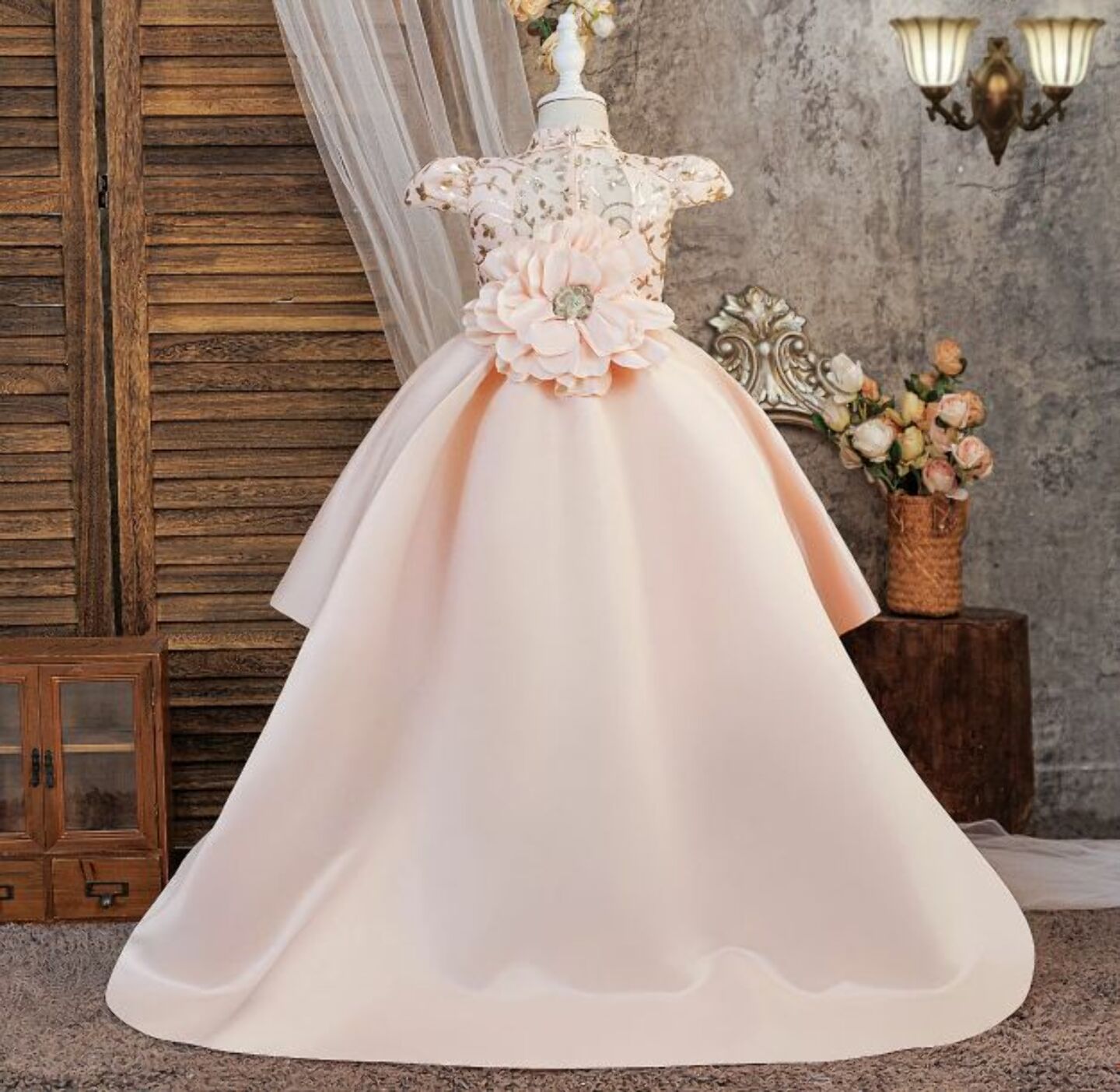 Adora Peach Pink Sequin Lace Flower Girl Dress with Long Train