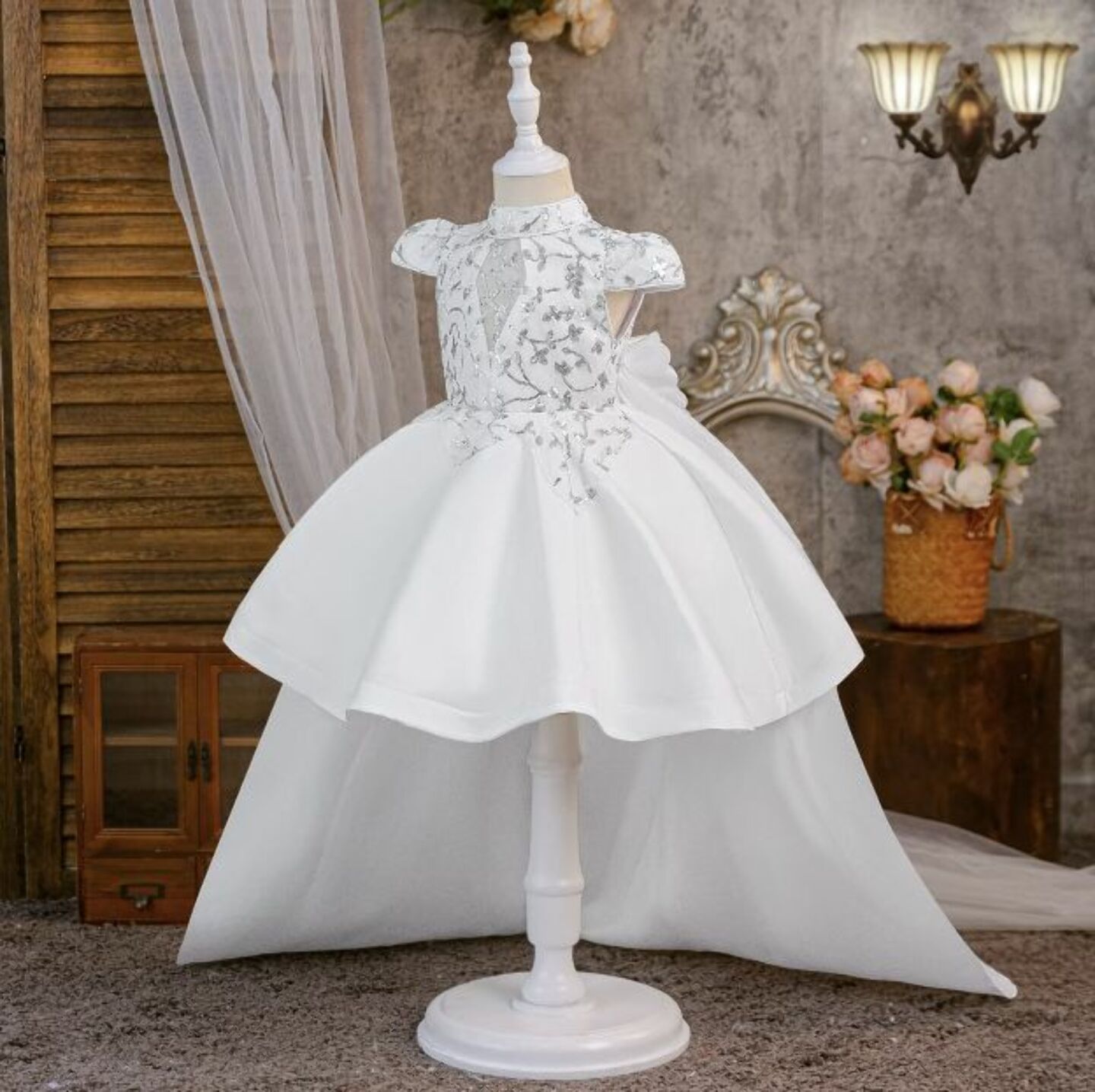 Adora White Sequin Lace Flower Girl Dress with Long Train