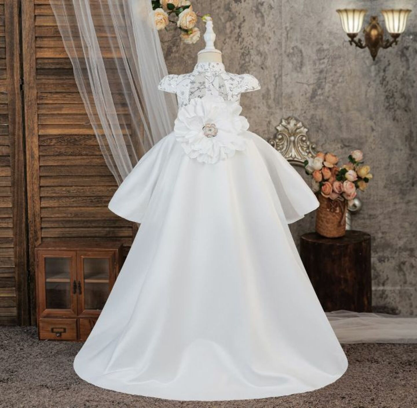 Adora White Sequin Lace Flower Girl Dress with Long Train