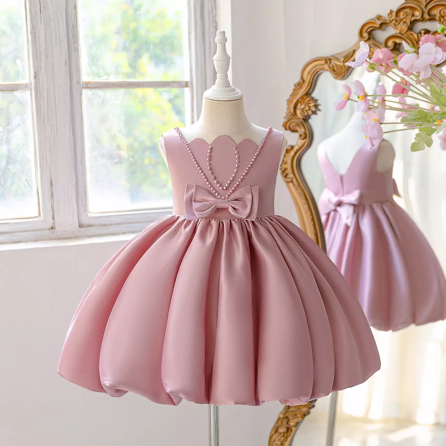 Rena Dusty Pink Pearl-Trim Bow Party Dress with Scalloped Skirt