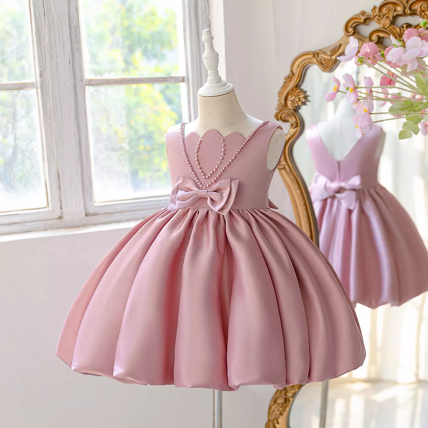 Rena Dusty Pink Pearl-Trim Bow Party Dress with Scalloped Skirt