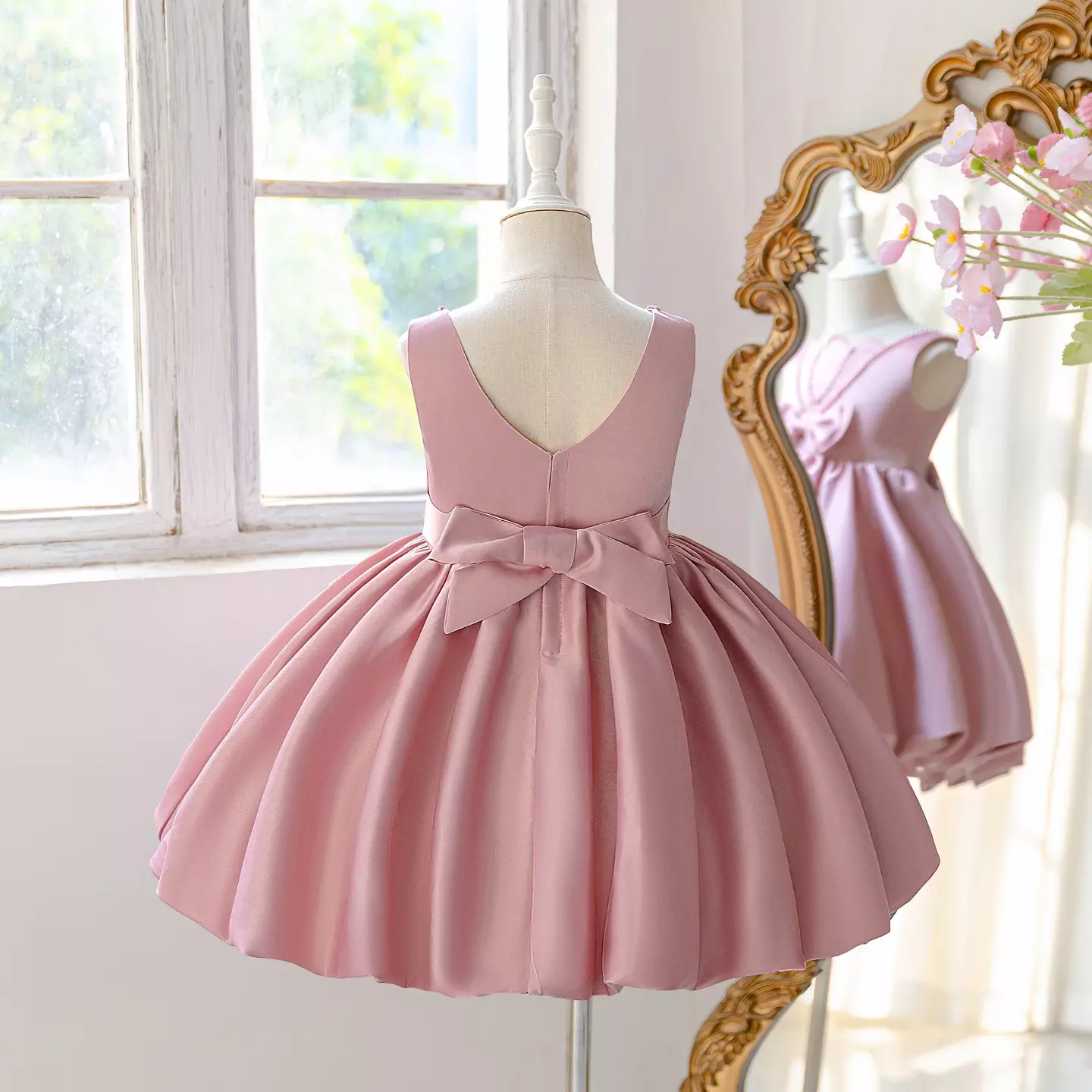 Rena Dusty Pink Pearl-Trim Bow Party Dress with Scalloped Skirt