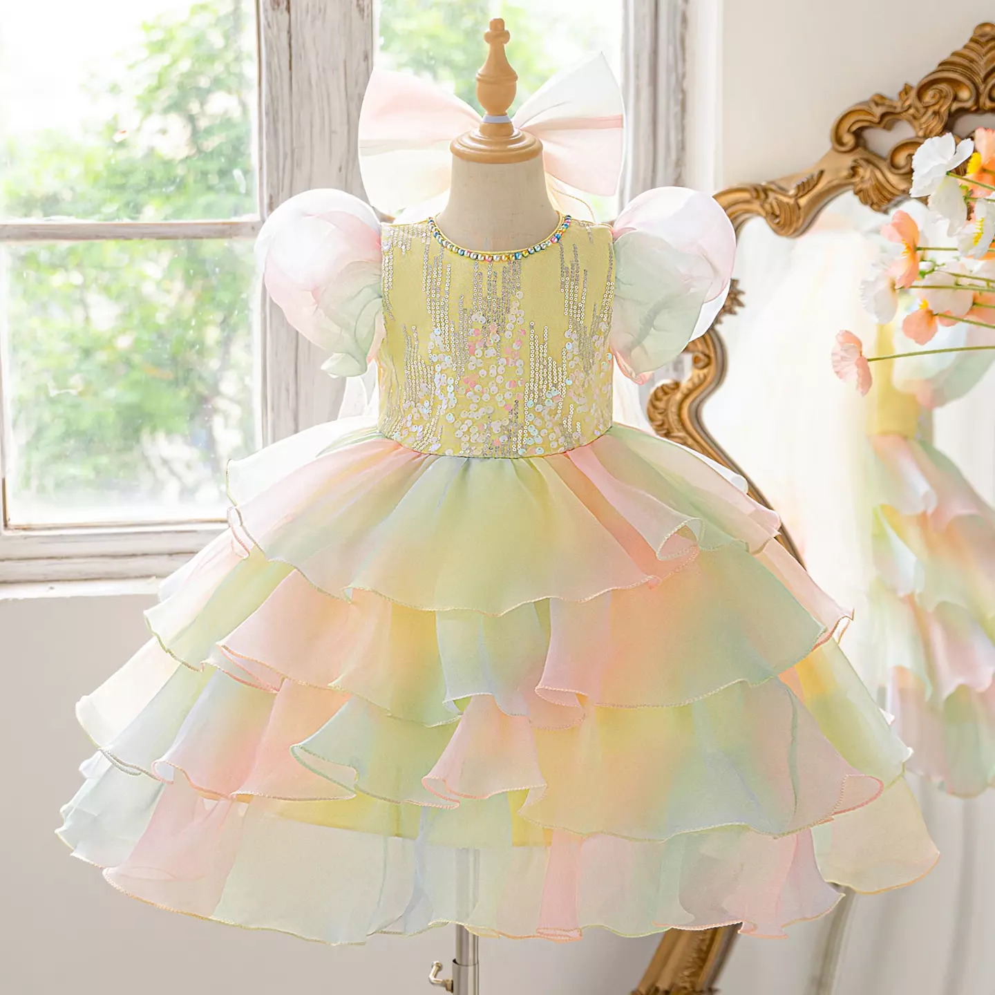 Mamiko Rainbow Beaded Tiered Tulle Party Dress with Bow Train