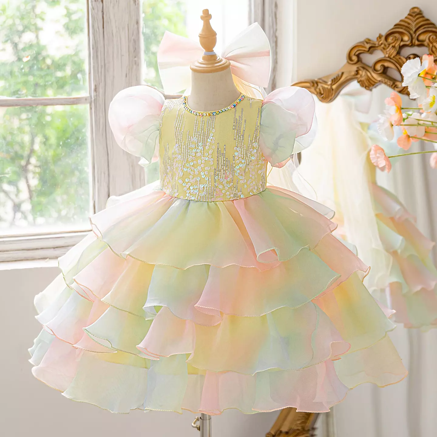 Mamiko Rainbow Beaded Tiered Tulle Party Dress with Bow Train