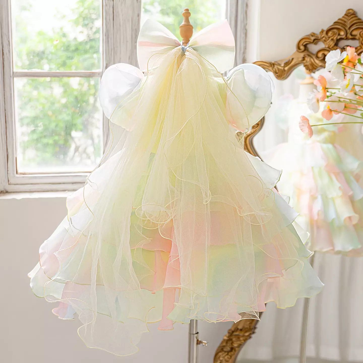 Mamiko Rainbow Beaded Tiered Tulle Party Dress with Bow Train