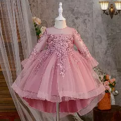 Keira Dusty Pink Flower Girl Dress - Long Sleeve Lace Tulle Party Dress