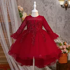 Keira Maroon Flower Girl Dress - Long Sleeve Lace Tulle Party Dress