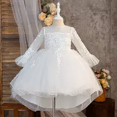 Keira White Flower Girl Dress - Long Sleeve Lace Tulle Party Dress