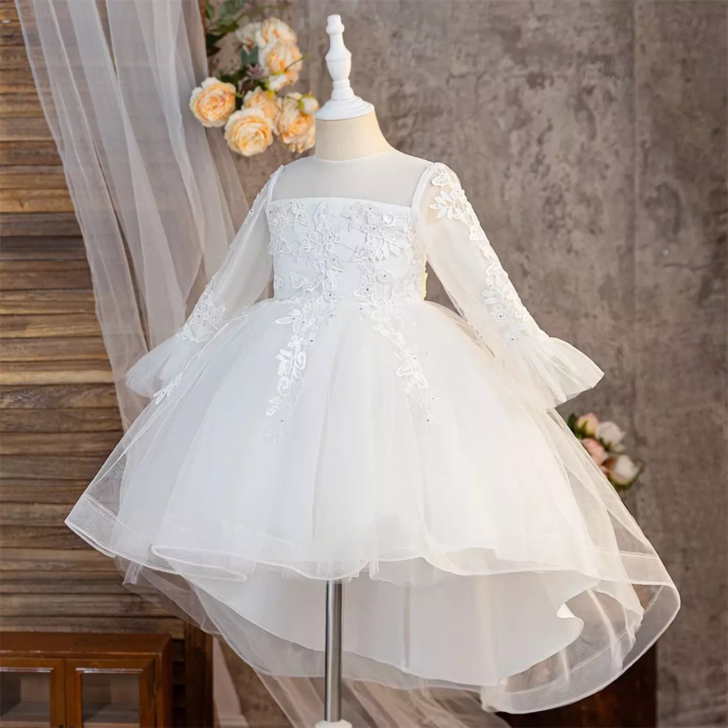 Keira White Flower Girl Dress - Long Sleeve Lace Tulle Party Dress
