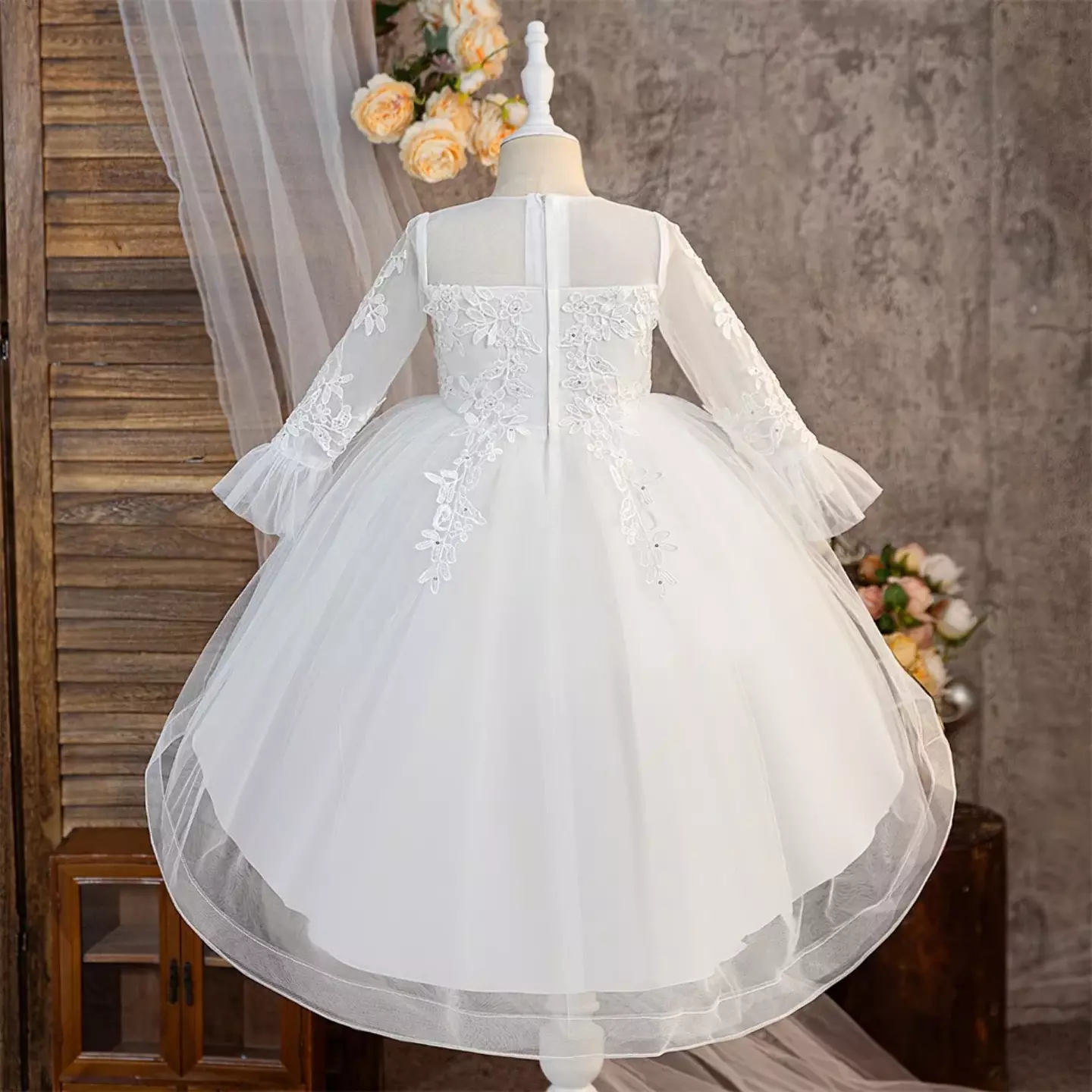 Keira White Flower Girl Dress - Long Sleeve Lace Tulle Party Dress