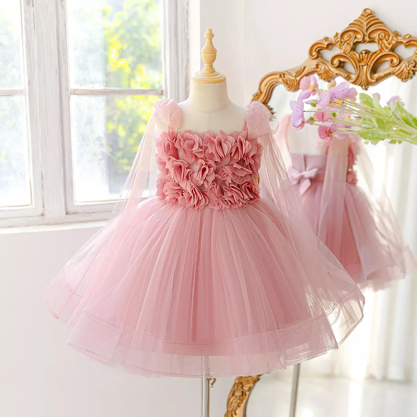 Lyanka Dusty Pink Tulle Party Dress with Floral Rosette Bodice for Toddler Girls