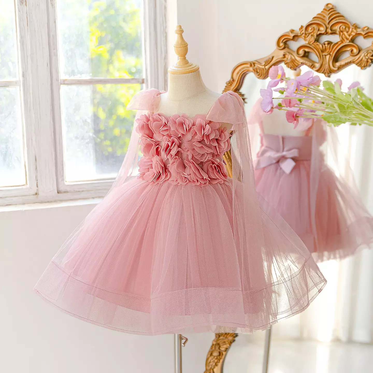 Lyanka Dusty Pink Tulle Party Dress with Floral Rosette Bodice for Toddler Girls
