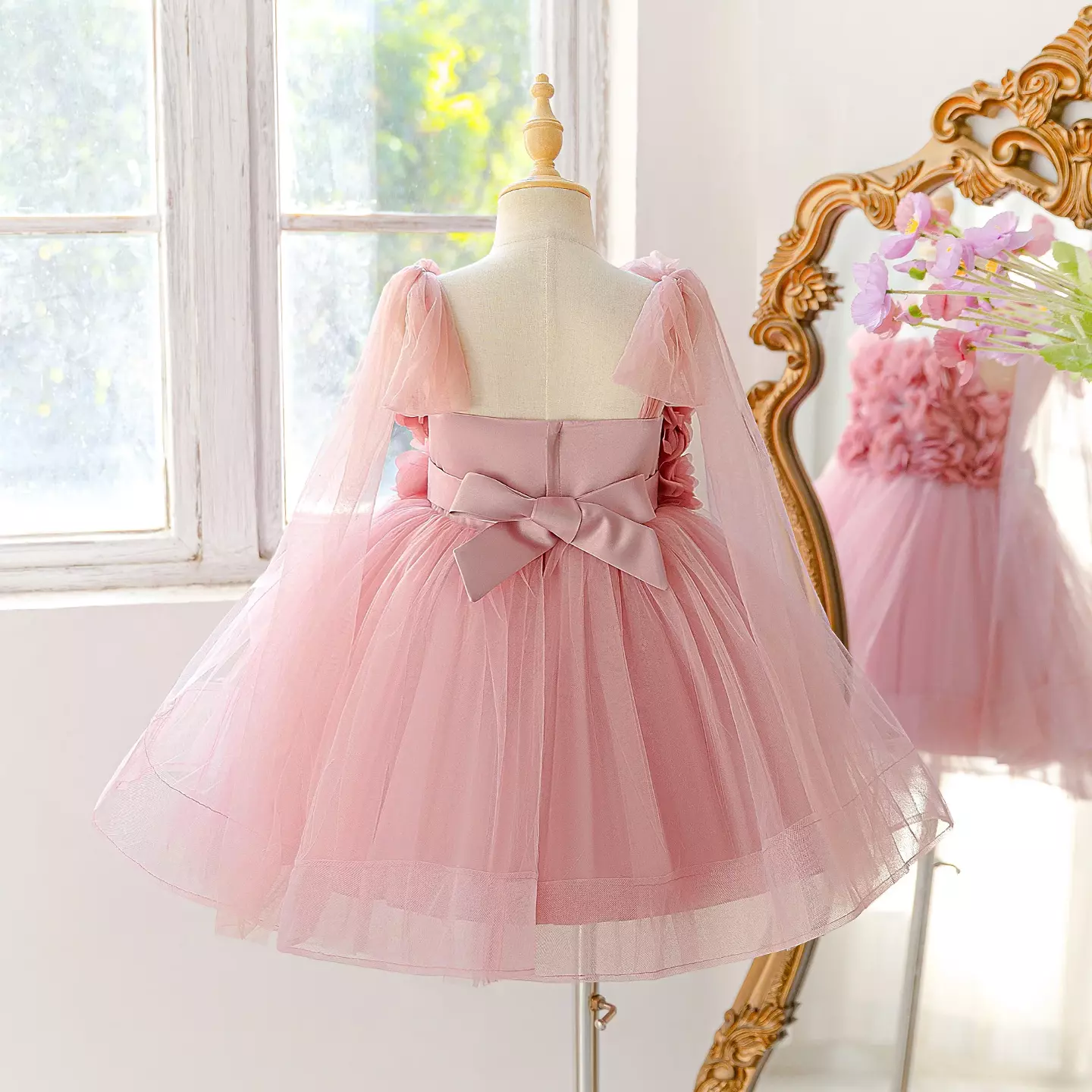 Lyanka Dusty Pink Tulle Party Dress with Floral Rosette Bodice for Toddler Girls