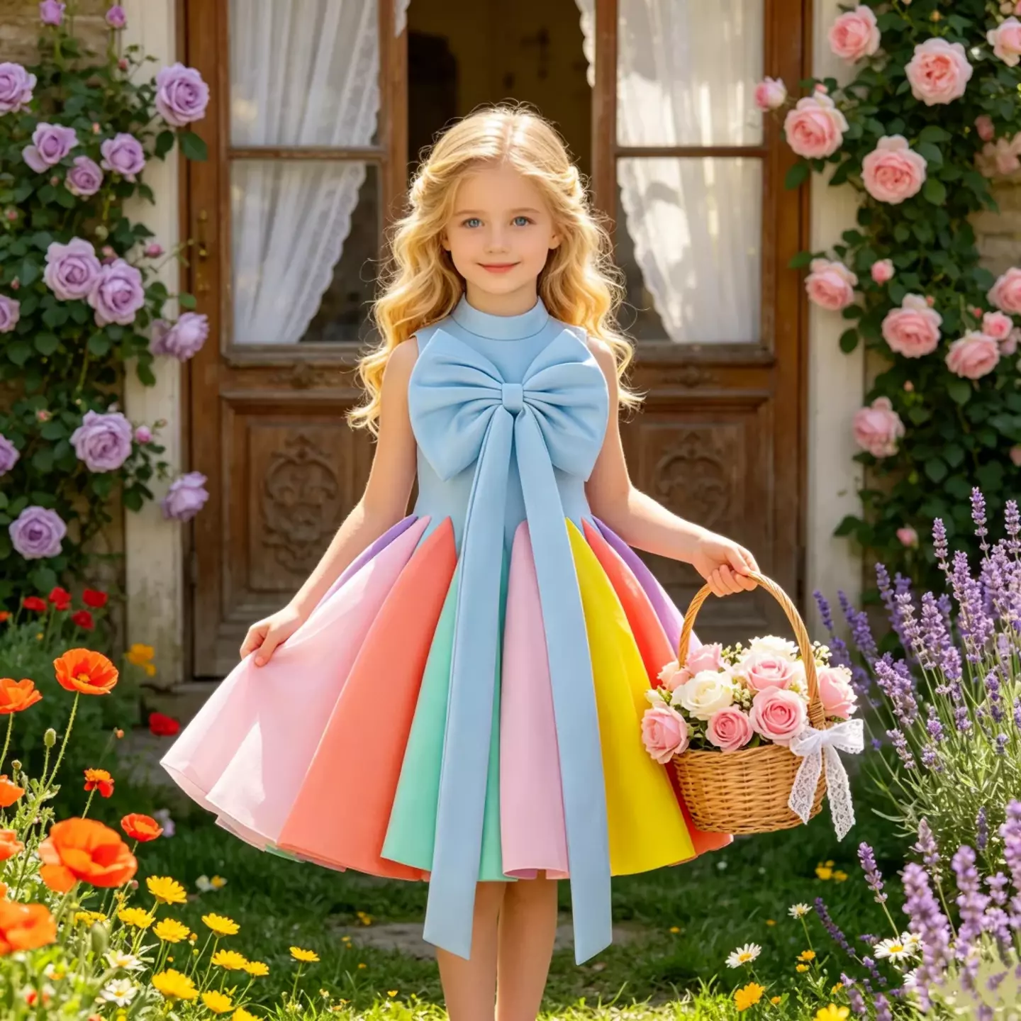 Girls Blue Rainbow Bow Back Party Dress with Pastel Pleated Skirt 9136