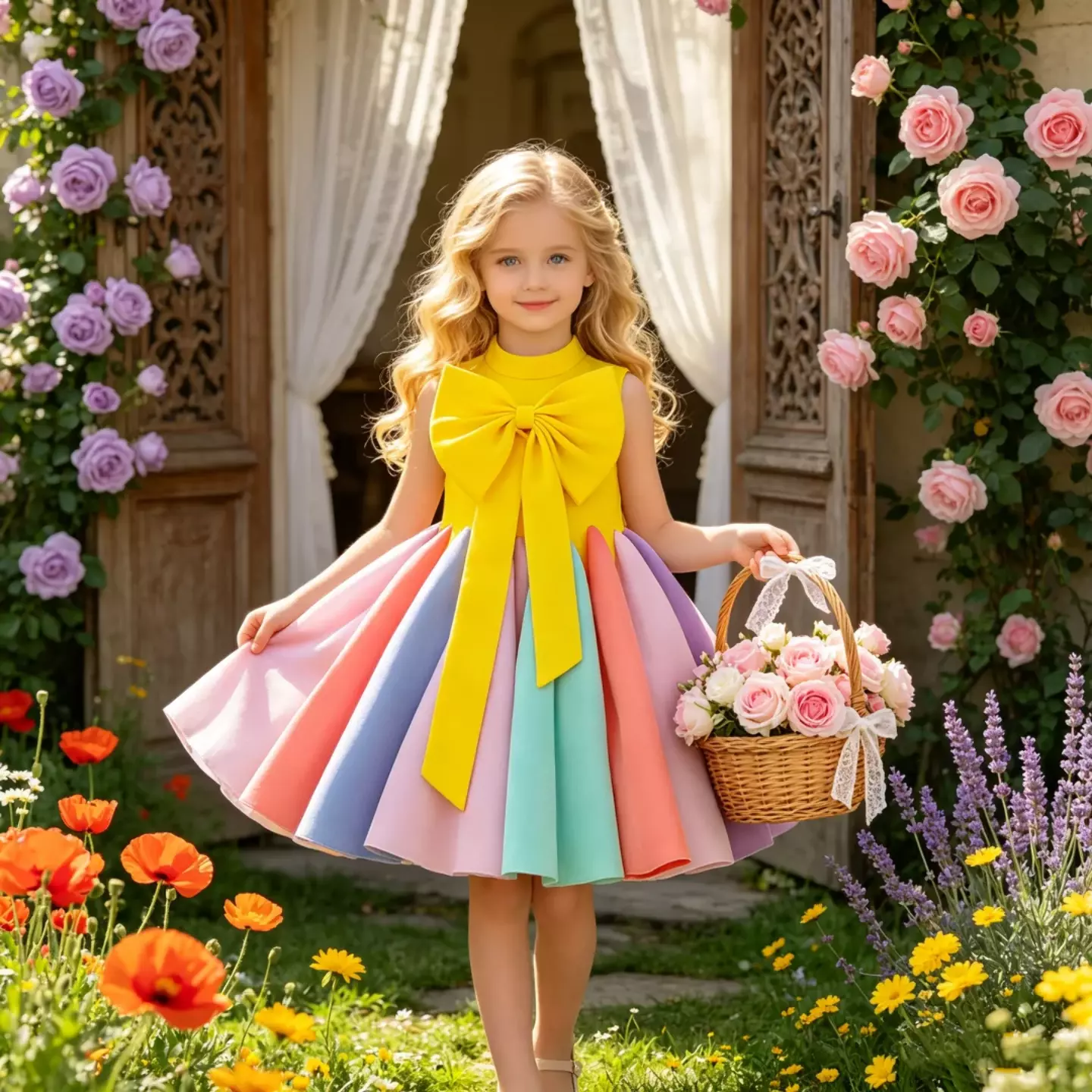Girls Yellow Rainbow Bow Back Party Dress with Pastel Pleated Skirt 9135