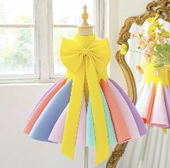 Girls Yellow Rainbow Bow Back Party Dress with Pastel Pleated Skirt 9135