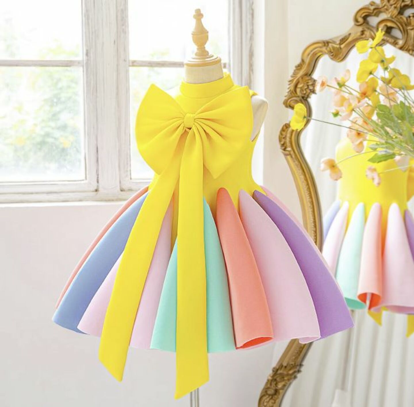 Girls Yellow Rainbow Bow Back Party Dress with Pastel Pleated Skirt 9135