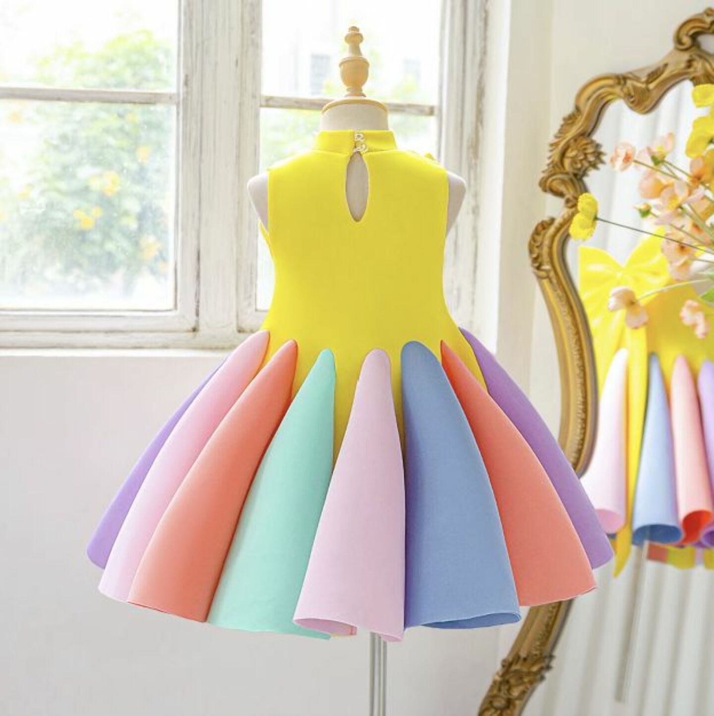 Girls Yellow Rainbow Bow Back Party Dress with Pastel Pleated Skirt 9135