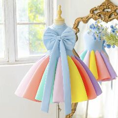 Girls Blue Rainbow Bow Back Party Dress with Pastel Pleated Skirt 9136