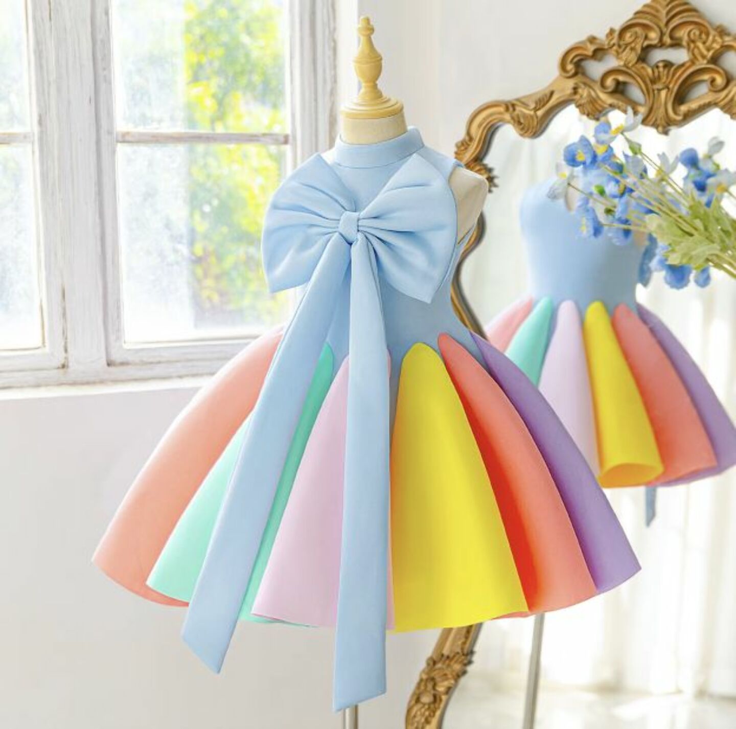 Girls Blue Rainbow Bow Back Party Dress with Pastel Pleated Skirt 9136