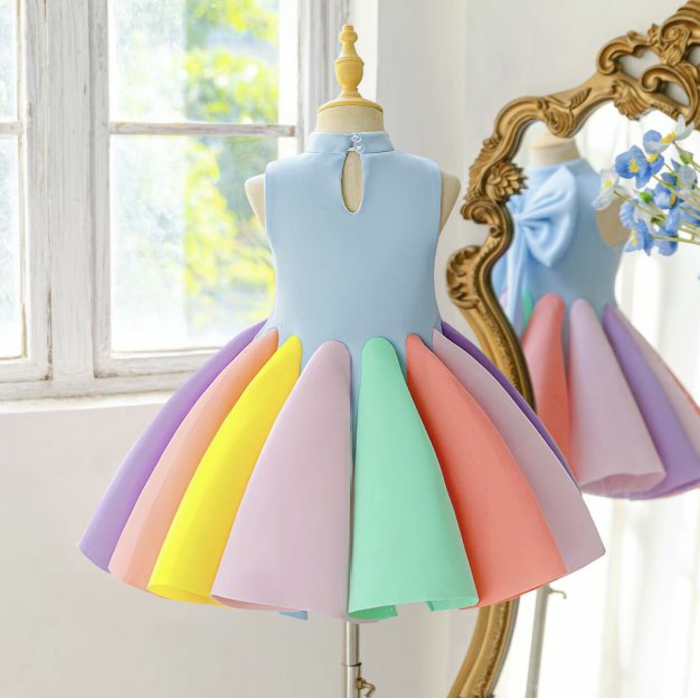 Girls Blue Rainbow Bow Back Party Dress with Pastel Pleated Skirt 9136