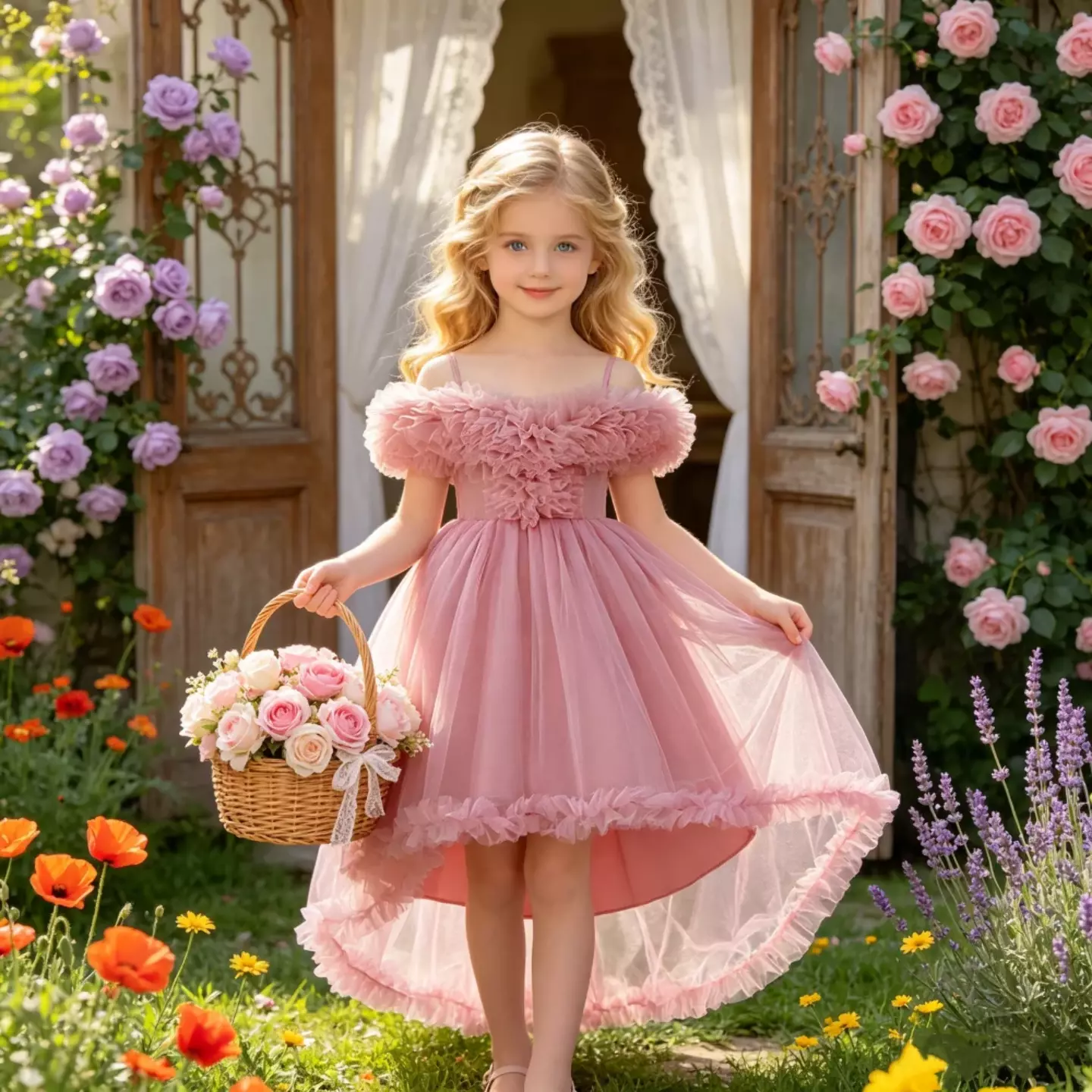 Girls Dusty Pink Off-Shoulder Ruffle Tulle Party Dress with Satin Bow - Zoya