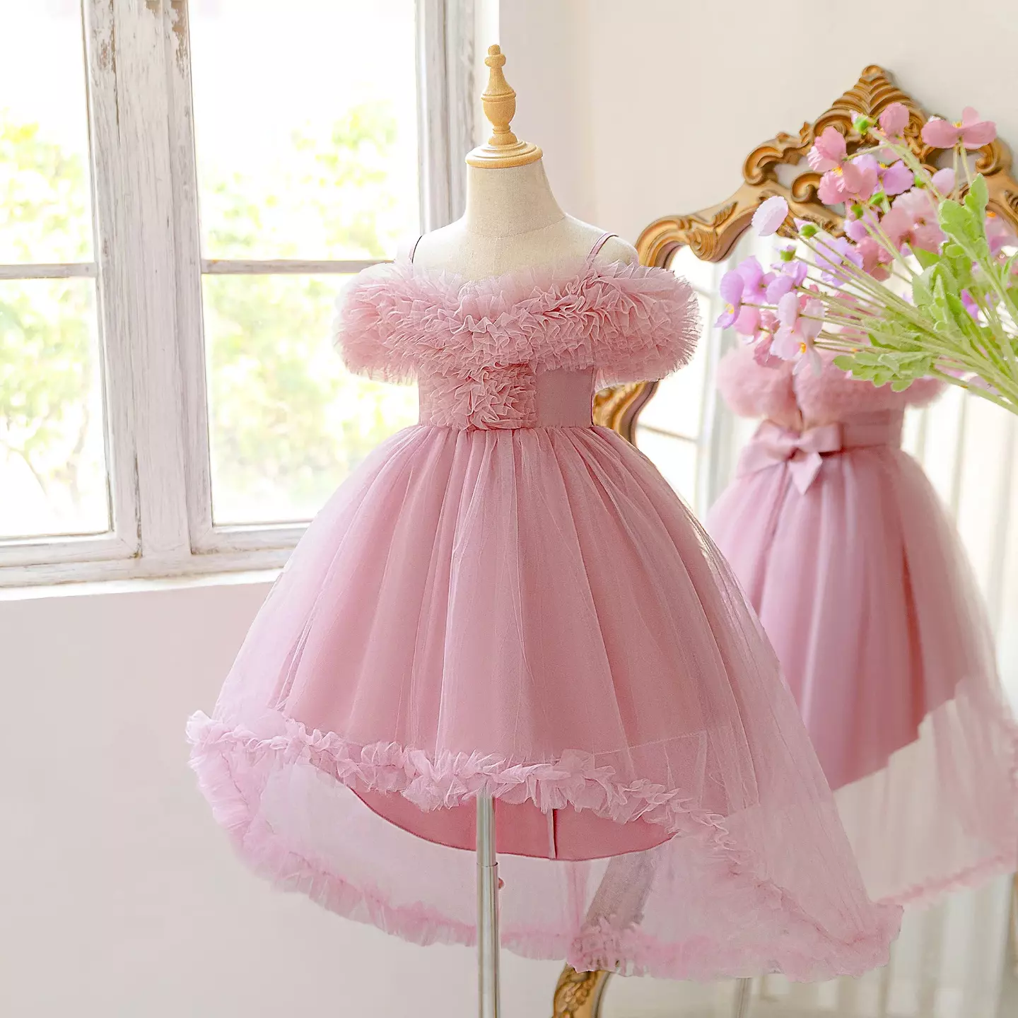 Girls Dusty Pink Off-Shoulder Ruffle Tulle Party Dress with Satin Bow - Zoya