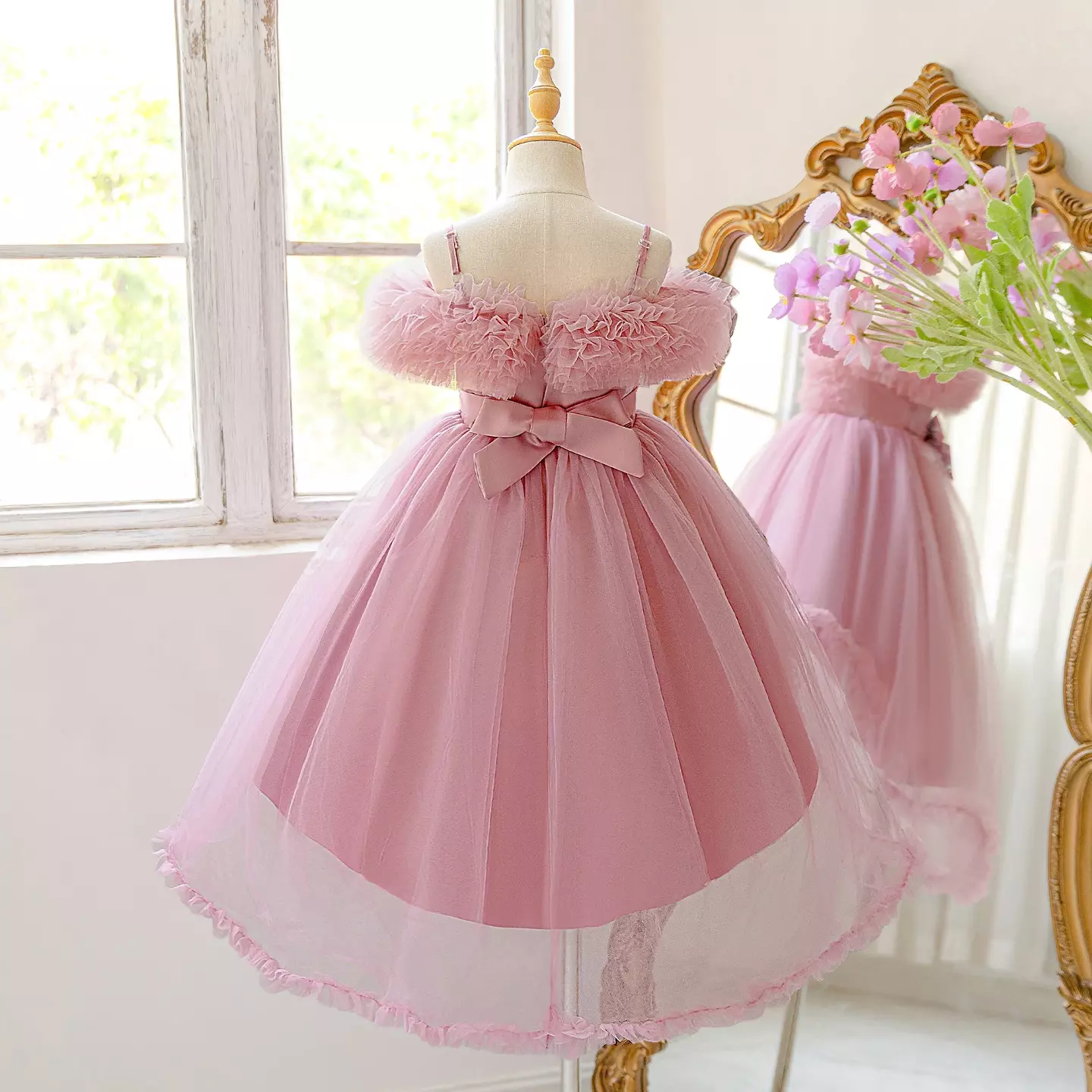 Girls Dusty Pink Off-Shoulder Ruffle Tulle Party Dress with Satin Bow - Zoya