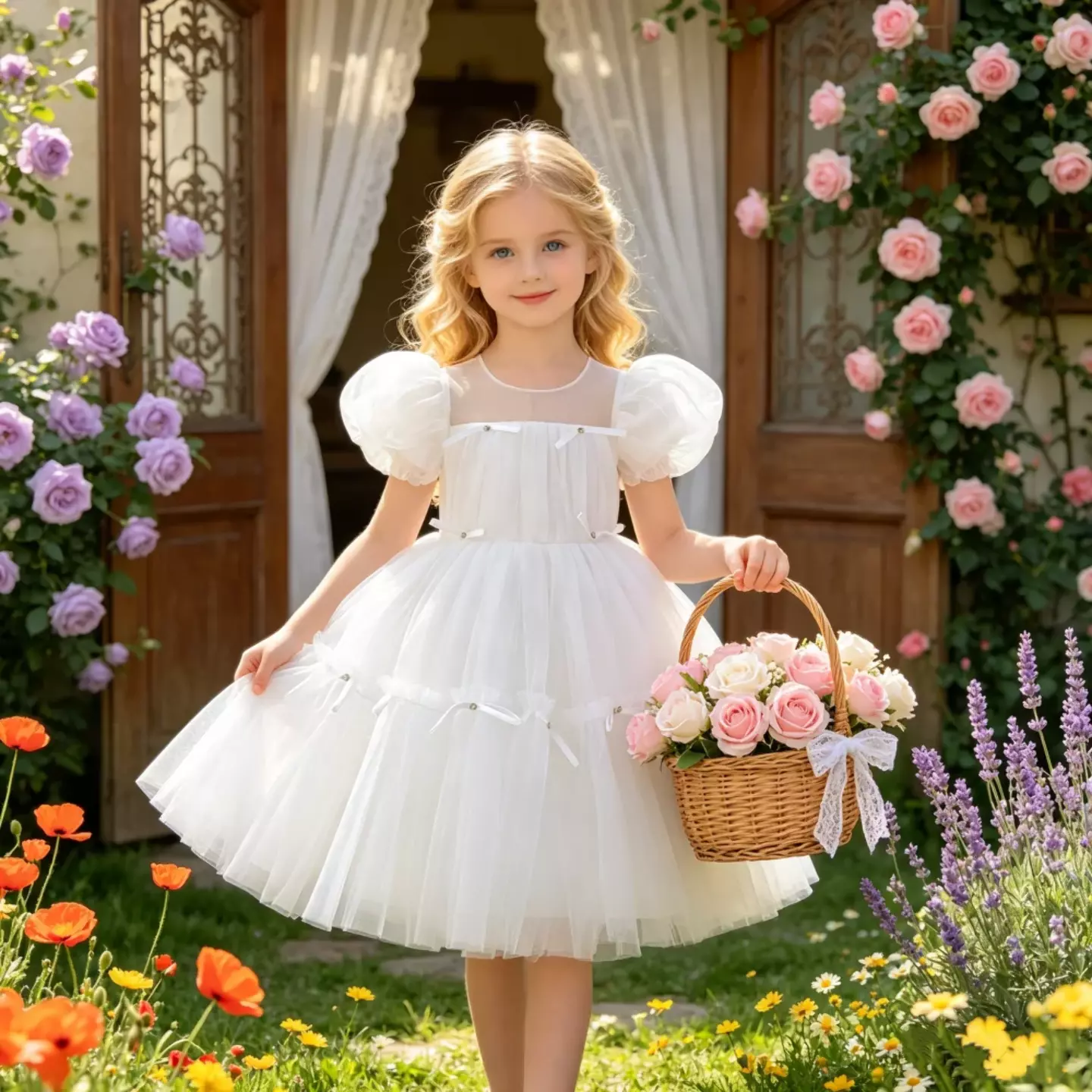 Girls White Tiered Tulle Party Dress with Puff Sleeves and Ribbon Trim 9148